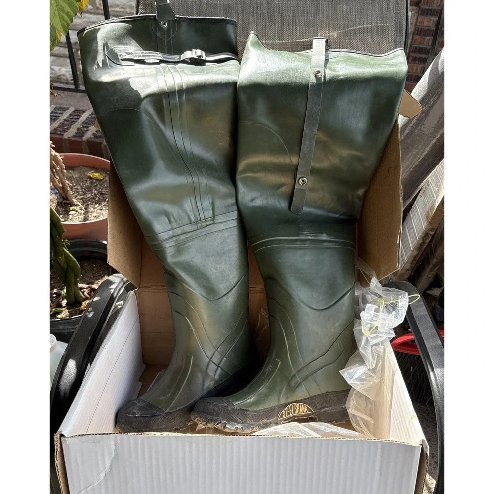 American Camper Vulcanized Fully Lined GreenRubber Hip Waders Mens 5 Steel Shank